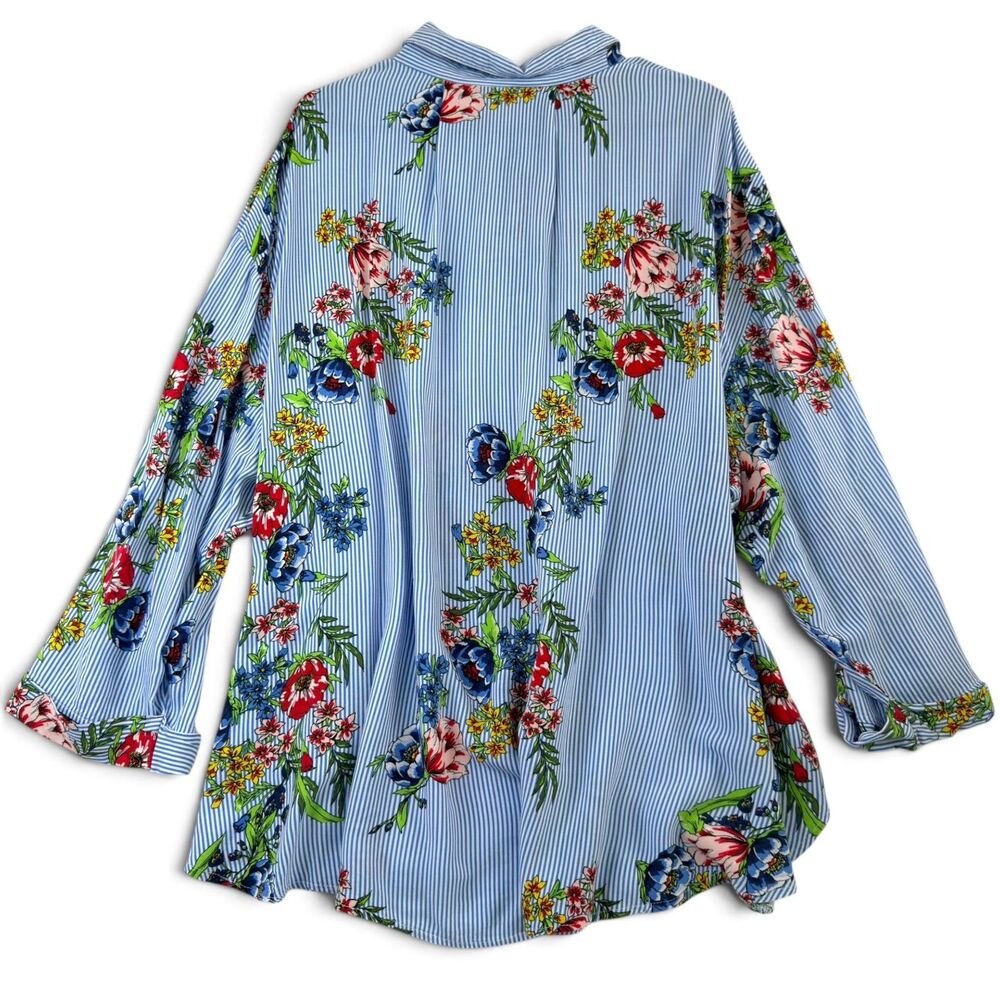 unique spectrum blue stripe floral button up shirt 3x cottagecore boho coastal - Picture 3 of 4